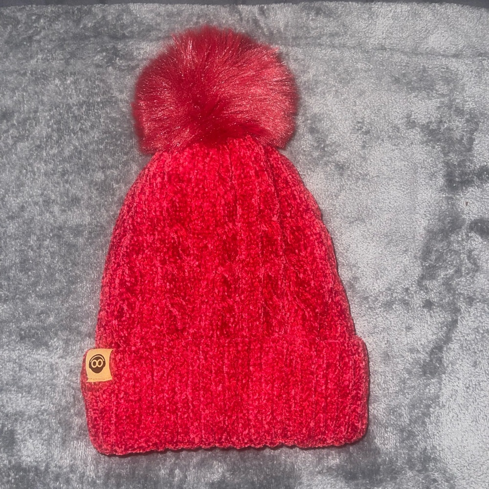 Red Fuzzy beanie with Pom Pom